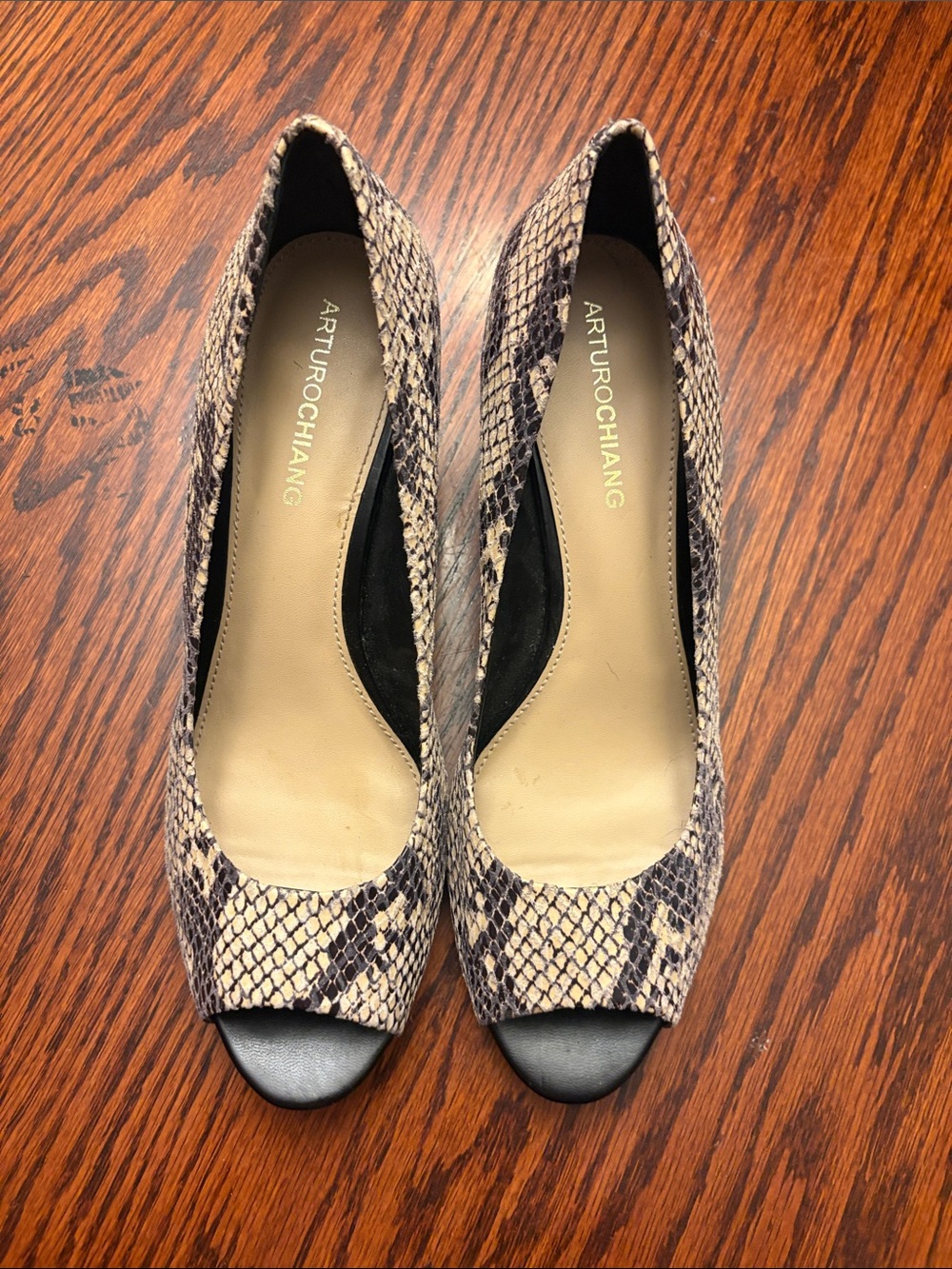 Arturo Chiang Snake-Print Peep-Toe Pumps in Beige and Black